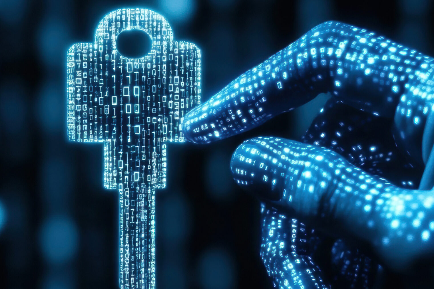 IT-Sicherheit Ein Schlüssel und eine Hand mit einem Matrixstil versehen.