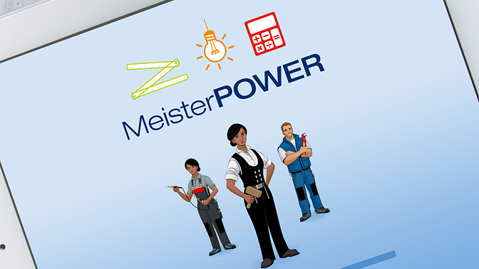 Startbildschirm der Lernsoftware Meisterpower. Drei Charaktere aus den Handwerksberufen Zimmerer, Anlagenmechaniker und Elektroniker