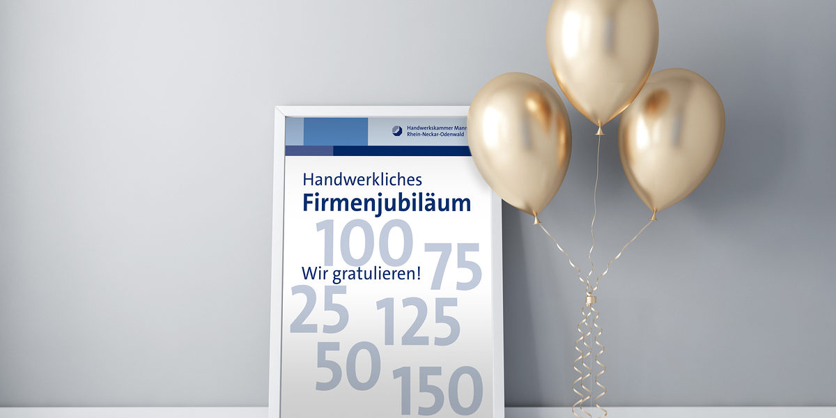 Handwerkliches Firmenjubiläum Ein Bilderrahmen mit den Zahlen, 25, 50, 75, 100, 125 und 150 mit dem Titel Handwerkliches Firmenjubiläum und Luftballons in der Farbe Gold