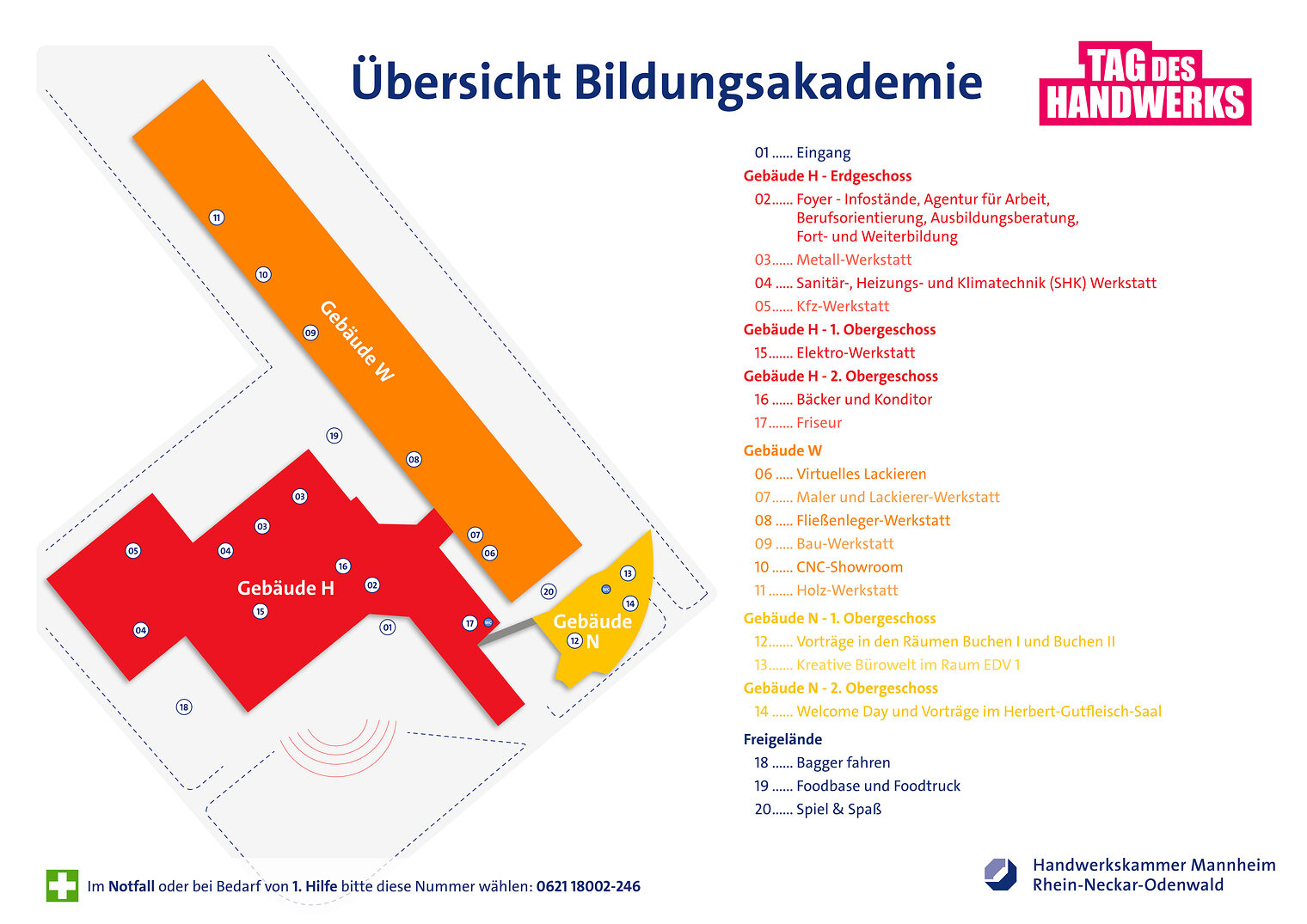 Einen Übersichtsplan der Gebäudeteile der Bildungsakademie mit aufgeführten Punkten der Örtlichkeiten.